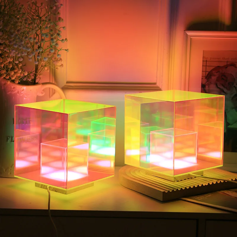 Modern 3D RGB Acrylic Magic Cube Box Desk Decoration Colorful Square Restaurant Cubes Table Lamp Bedroom Atmosphere Night Light