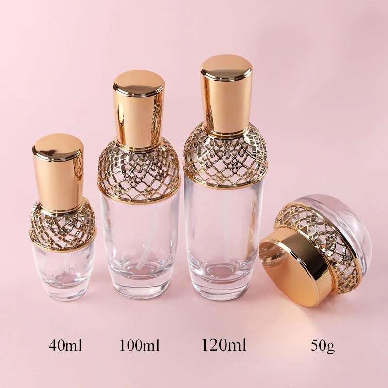 Idealpak Makeup Container Packaging Set Cosmetic Bottles Luxury Glass Cosmetic Bottle with Gold Screw Cap