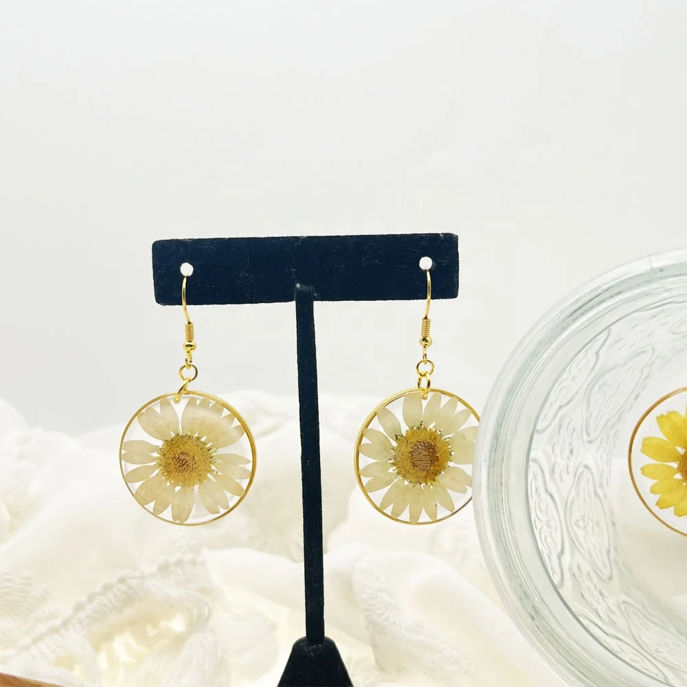 Fashion Gold Filled handmade Bohemian Resin Dried birth month Flowers daisy Stainless Steel Earrings hook For Party