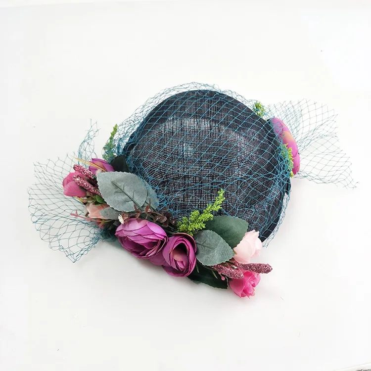 
241HC Elegant Cocktail Hat With Flowers Women Kentucky Derby Fedoras Sinamay Fascinators Hats 