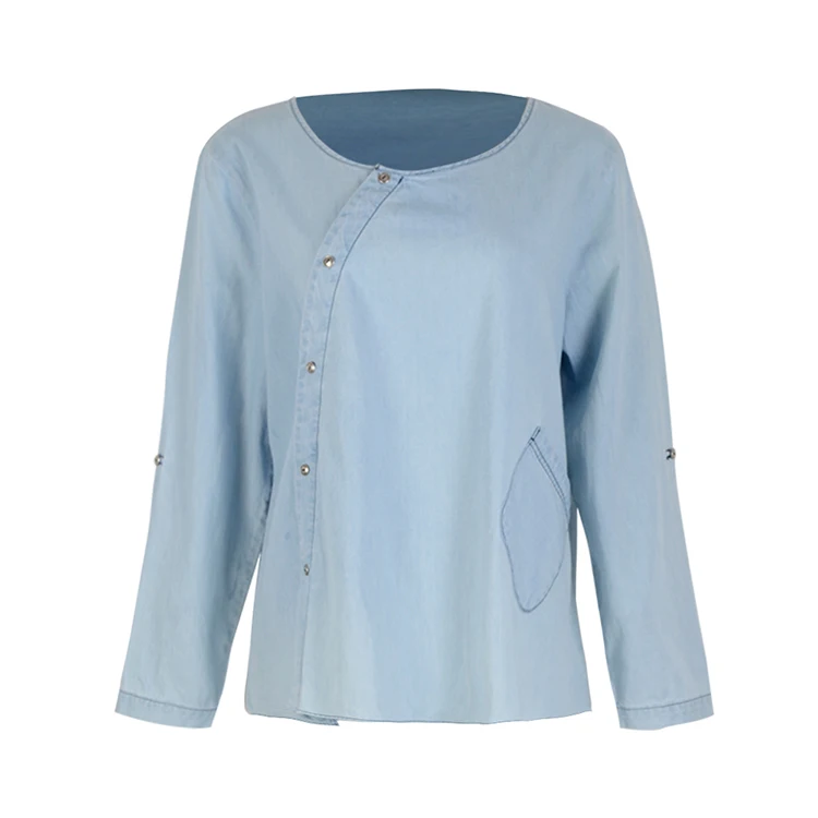 Повседневная модная ковбойская блузка из 100% хлопка с коротким рукавом и китайскими косыми пуговицами для женщин