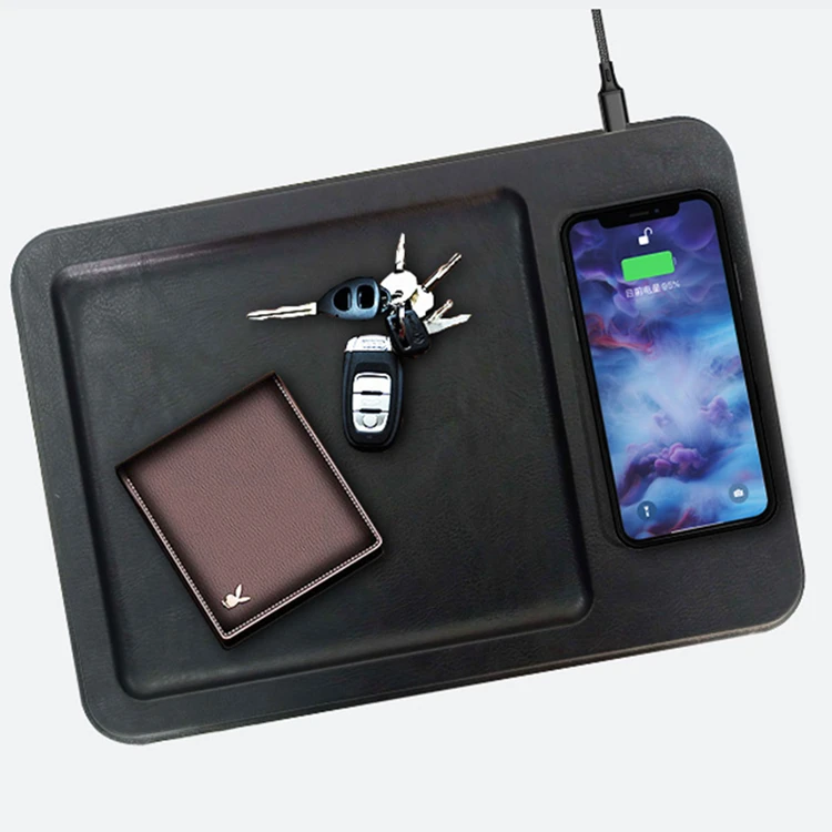 Wood Frame PU Leather Cover Wireless Fast Charging Storage Valet Tray
