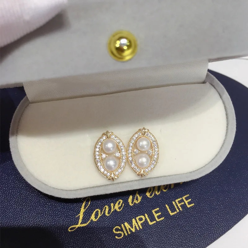 French Style 925 Sterling Sliver Needle Double Real Fresh Water Pearl Vintage Zircon Diamond Oval Studs Earrings For Women