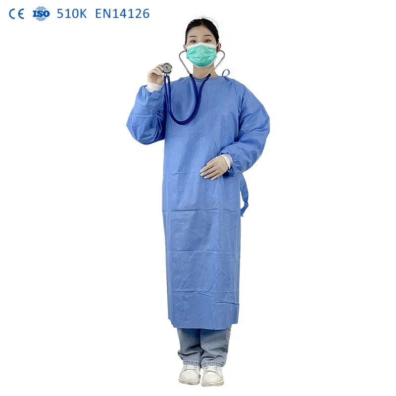 Factory price 510K Disposable blue gown 45g polyester fabric for cuff hospital AAMI LEVEL 2
