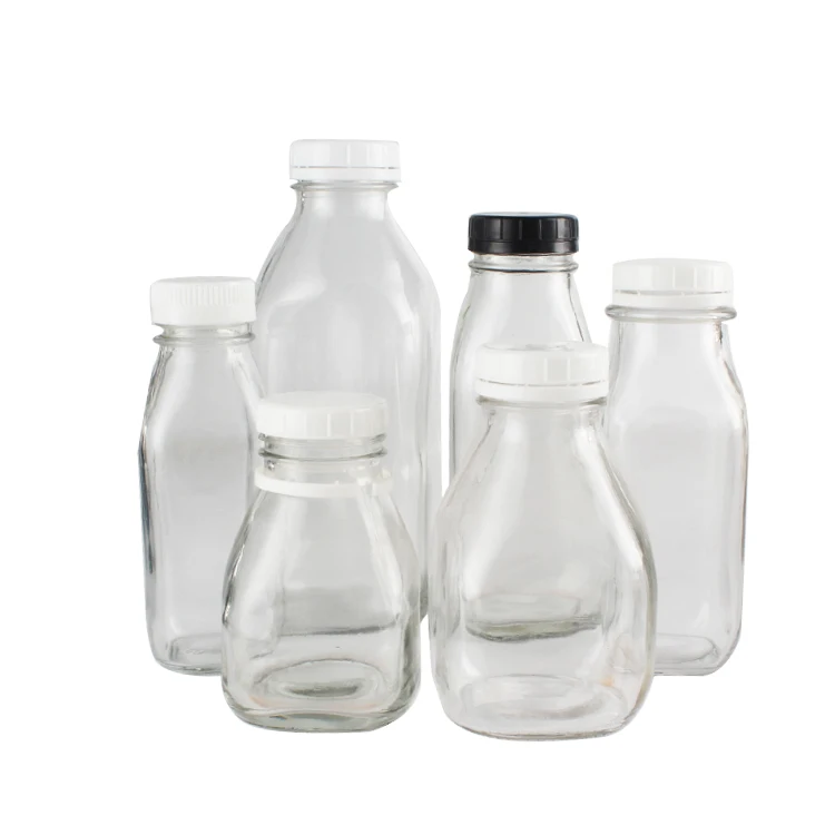 wholesale square 8oz 280ml 12 oz 400ml 16oz 32oz 1 liter glass milk bottle juice bottle with plastic lid