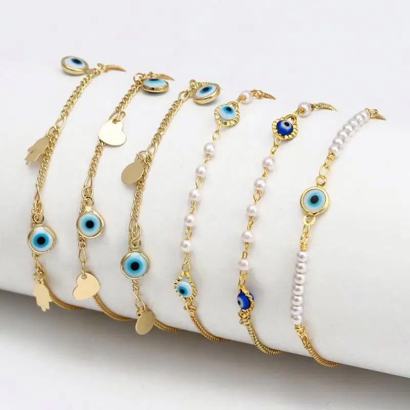 pulsera de mal de ojo Hand Heart Blue Eye Charms Gold Plated Alloy Beach Bracelet Adjustable Chain Level Eye Bracelet