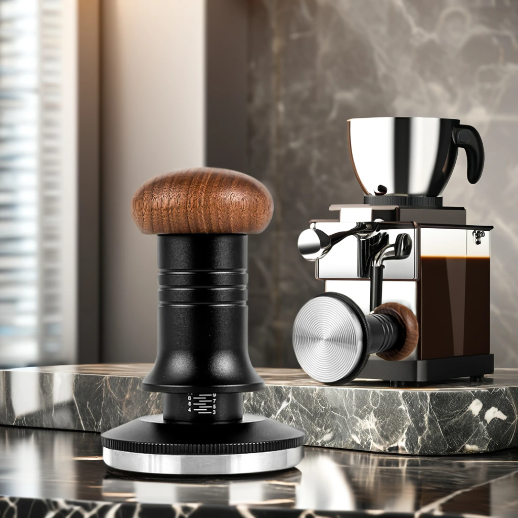 High Quality 58mm Barista Coffee Tamper Set with Solid Wood Handle and Stainless Steel Ripple Base for Kitchen or Cafe Use