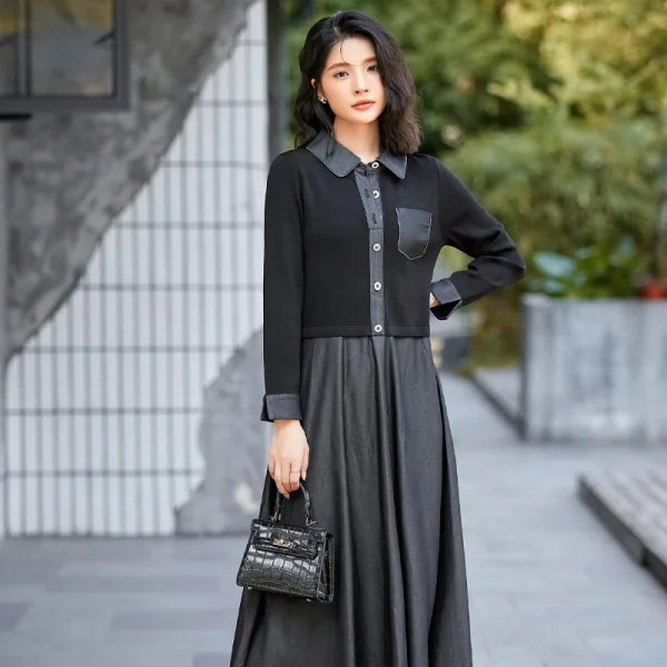 2024 Wholesale Popular Selling Customised Vintage Tea Break Shirt Neck A-Line Long Sleeve Knitwear Sweater Dress for Women