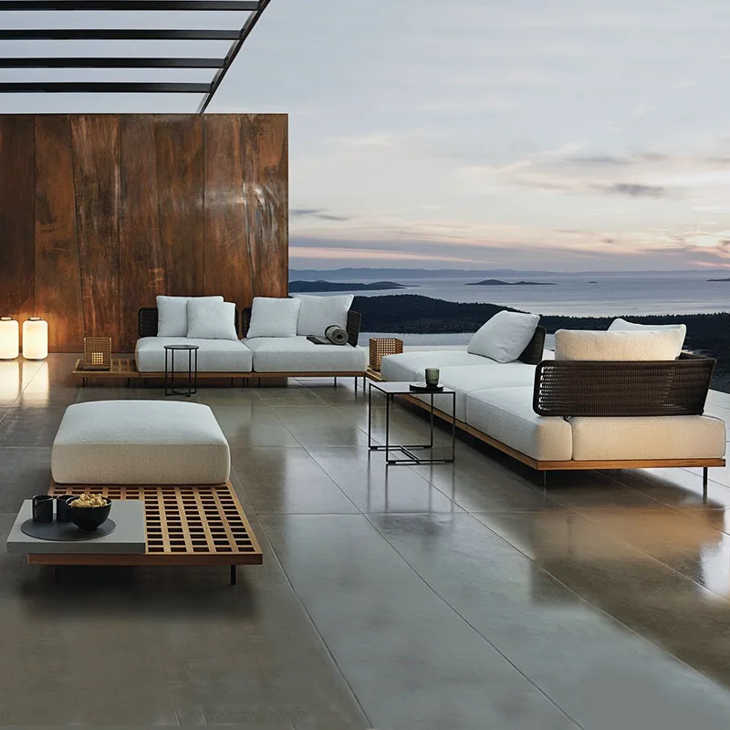 Garden Patio Natural Teak Wooden Sofa Luxury Teak Outdoor Sofa  Solid Teak Wood and PE Rattan Weaving Garden Outdoor Sofa Set