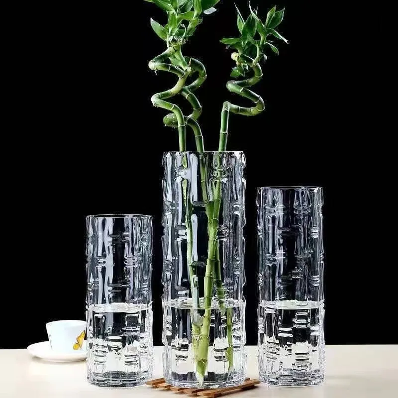 Flower Arrangement Household Transparent Large Bamboo Pattern Cylinder Straight Glass Vase