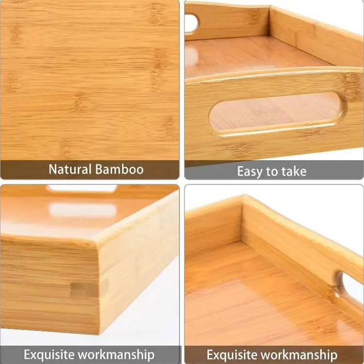 Set of 3 pieces natural bamboo and wood desktop display multi-purpose food tea bar rectangle wooden tray