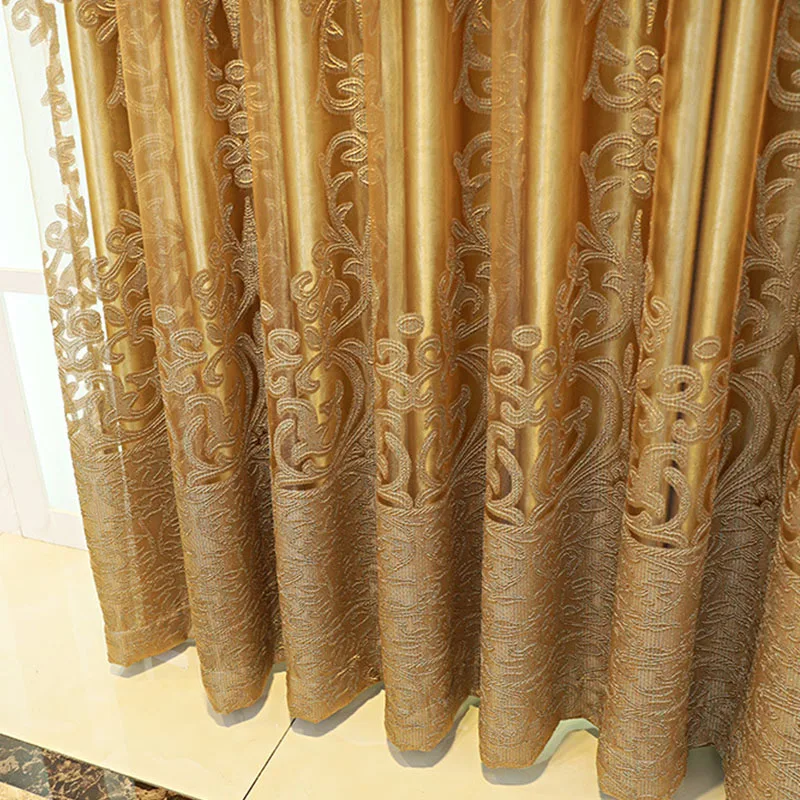 European classic lace jacquard warp knitted 100% blackout curtain living room bedroom luxury golden window gauze curtains