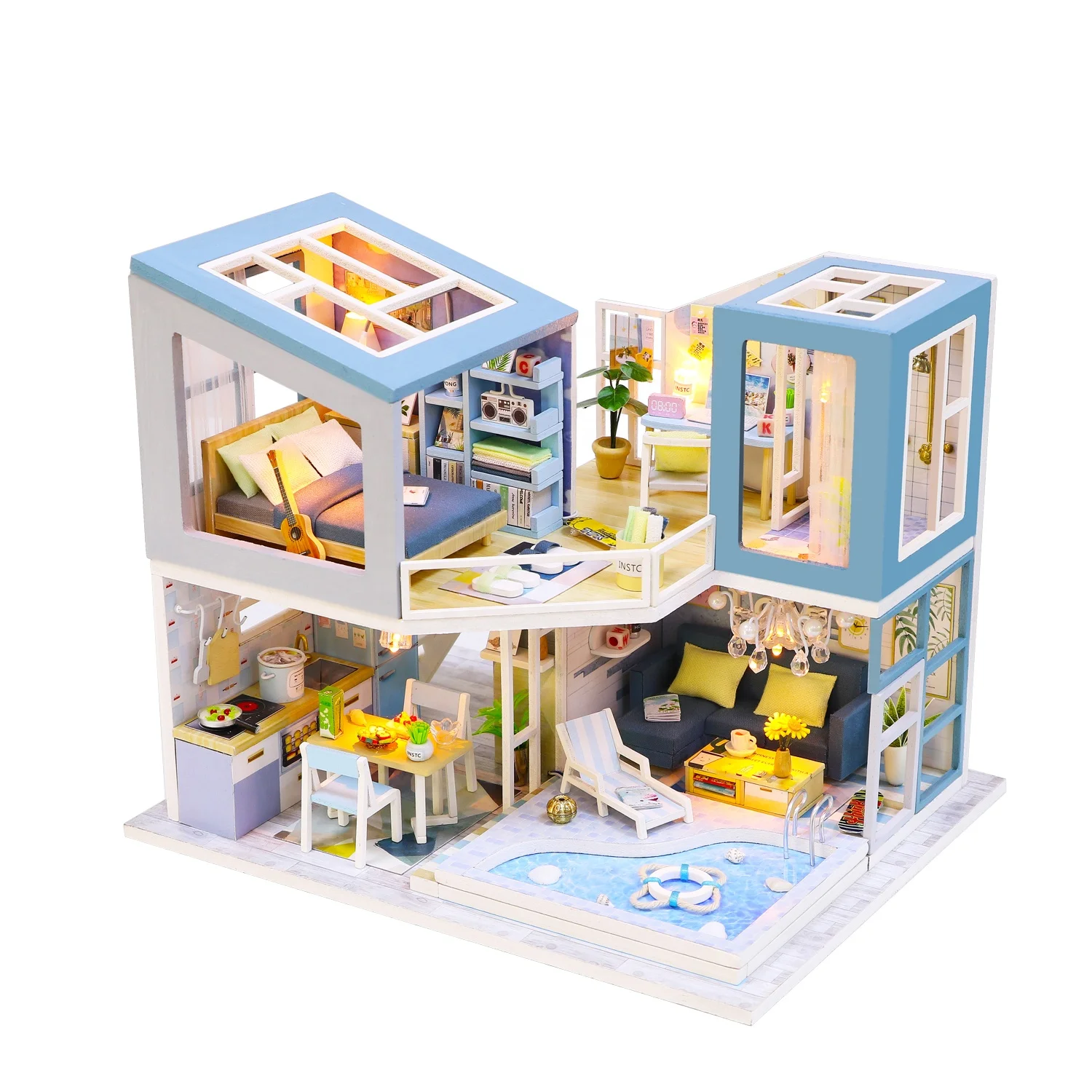 Wholesale DIY mini Wooden dollhouse miniature with light and furniture for holiday gift