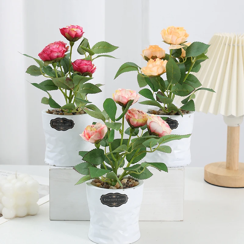Wholesale Price Artificial Plant Camellia Flower Plant Pot Bonsai  Home Indoor Desk Office Plant Wedding Decoration