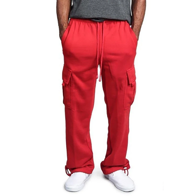 Custom Logo Designer Solid Fleece Heavyweight Trousers Man Cotton Polyester Multi-Pocket Loose Cargo Sweat Pants Men