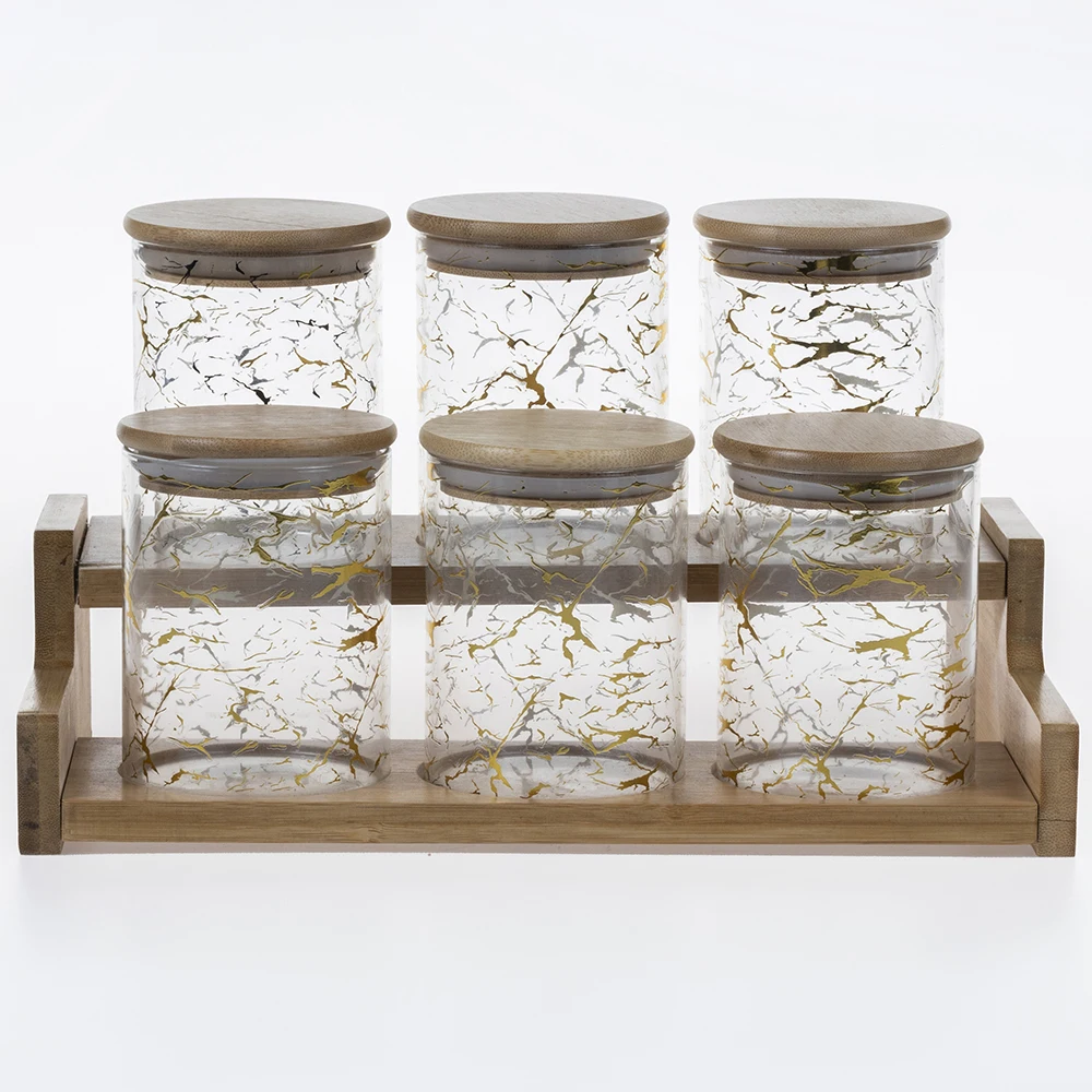 6 Sets  Salt and Sugar Container - Condiment Jars with Lids and Spoons Marble Seasoning Spice Pots Bowl with Wooden Tray