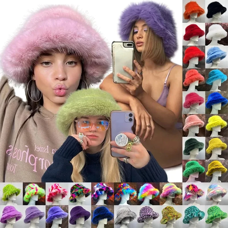 Fashion Faux Fur Bucket Hats For Women Winter Warm Big Faux Fur Fluffy Plush Fisherman Caps Outdoor Ski Panama