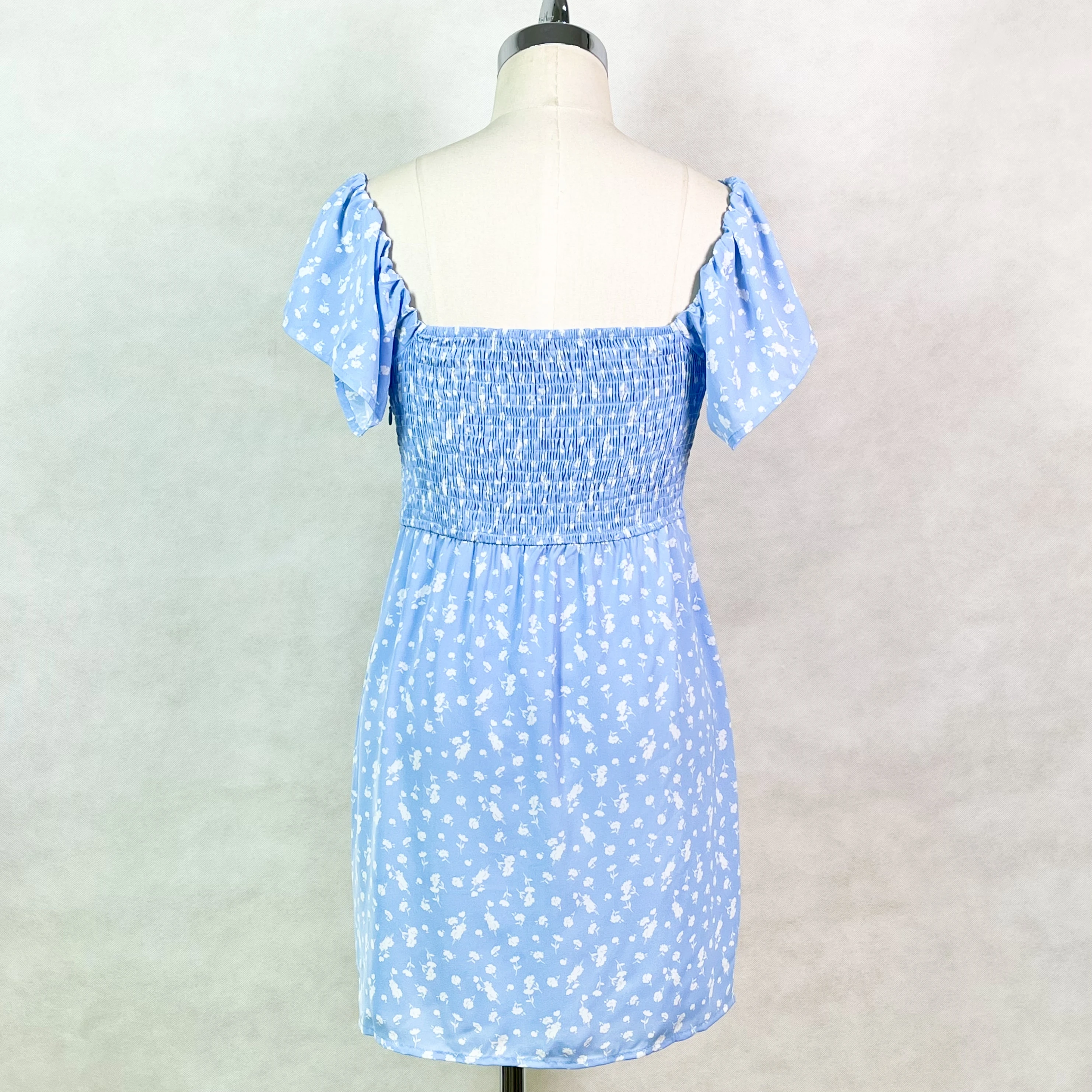 Low MOQ Stock Goods Ready to Ship Ruffled Short Sleeve Floral Print Chiffon Beach Dresses Casual Mini Party Dress