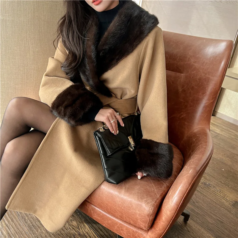 Elegant Winter Mink Fur Collar Cuffs Alpaca Coat Double Sides Long Wool Cashmere Coats Women with Belt