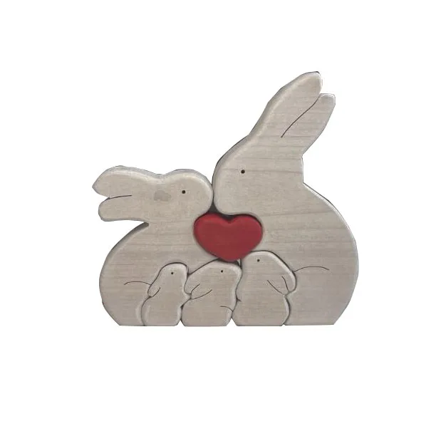 Wooden Rabbit Family Puzzle Bunny Family father mother baby Wooden Puzzle, 5 in 1 set,  Wooden Hare Family  Puzzle Decoration