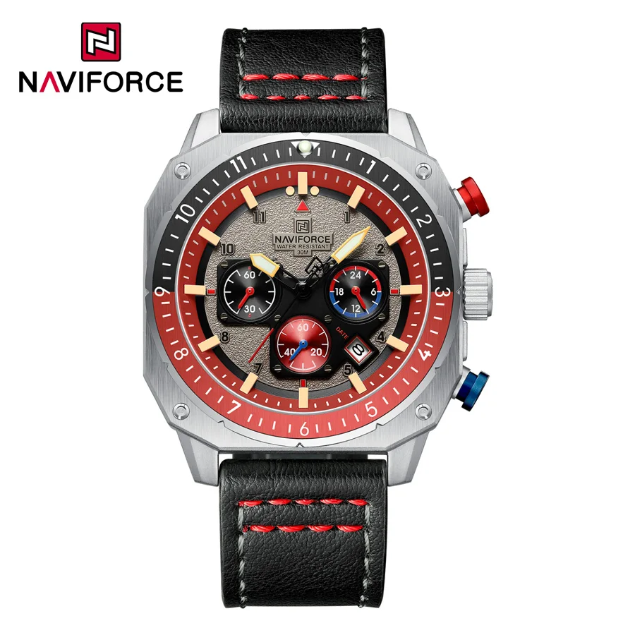 NAVIFORCE Reloj 8057 New Product Square Men Chronograph Luminous High Quality Sport Outdoors Leather Watch with Day Display