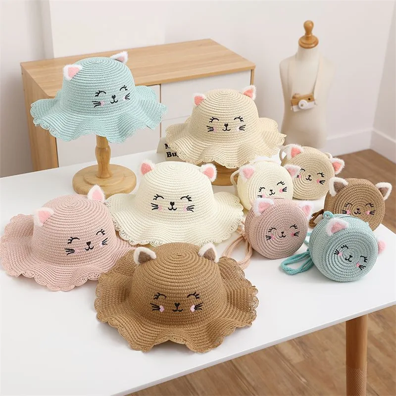 Fashion Cute Outdoor Foldable Wide Brim Grass Hats Kids Summer Beach Straw Sun Hat Wholesale All Bucket Hat and Purse Sets