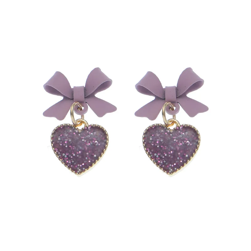 Purple Bow Heart Earrings Charms Fashion Sweet Design Frosted Pendant Earrings Fashion Earrings Trend 2021