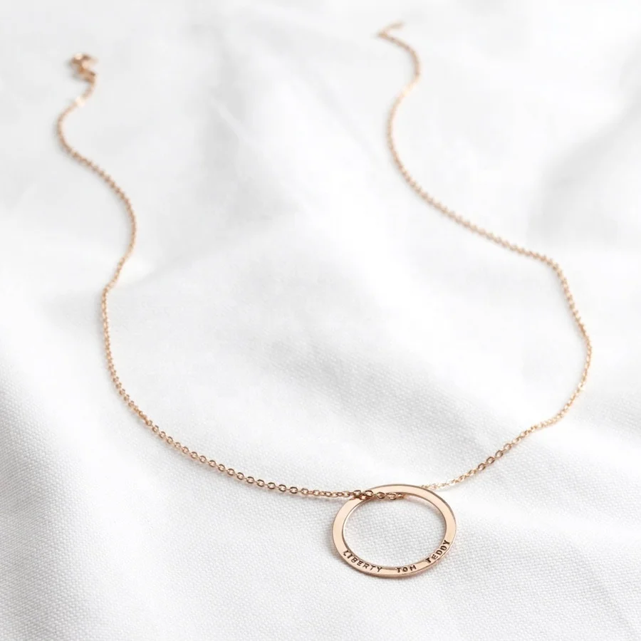 AFXSION Personalised Stainless Steel Jewelry Girls Gold Family Hoop Necklace Engraved Name Positive Phrase Word Circle Necklace