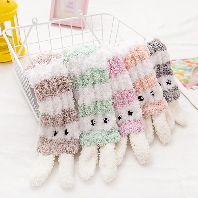 Wholesale Bunny Ears Winter Warm Thermal Fluffy Plush Sherpa Fleece Lined Cozy Antiskid Slipper Indoor Home Floor Fuzzy Socks