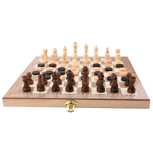 3-in-1 Wooden Chess Set for Adults and Kids, Chess & Checkers & Backgammon Folding Board Portable Travel Tabletop Game Toy