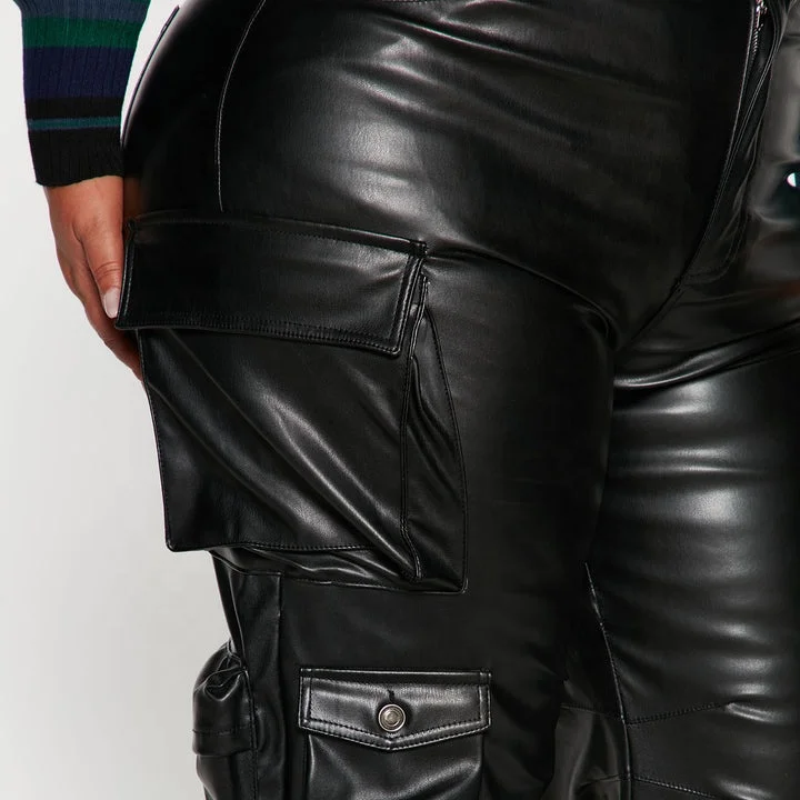 Manufacturer Oem Custom Girls Streetwear Style Leather Trousers Black Sexy Wide Leg Leather Cargo Pants For Women
