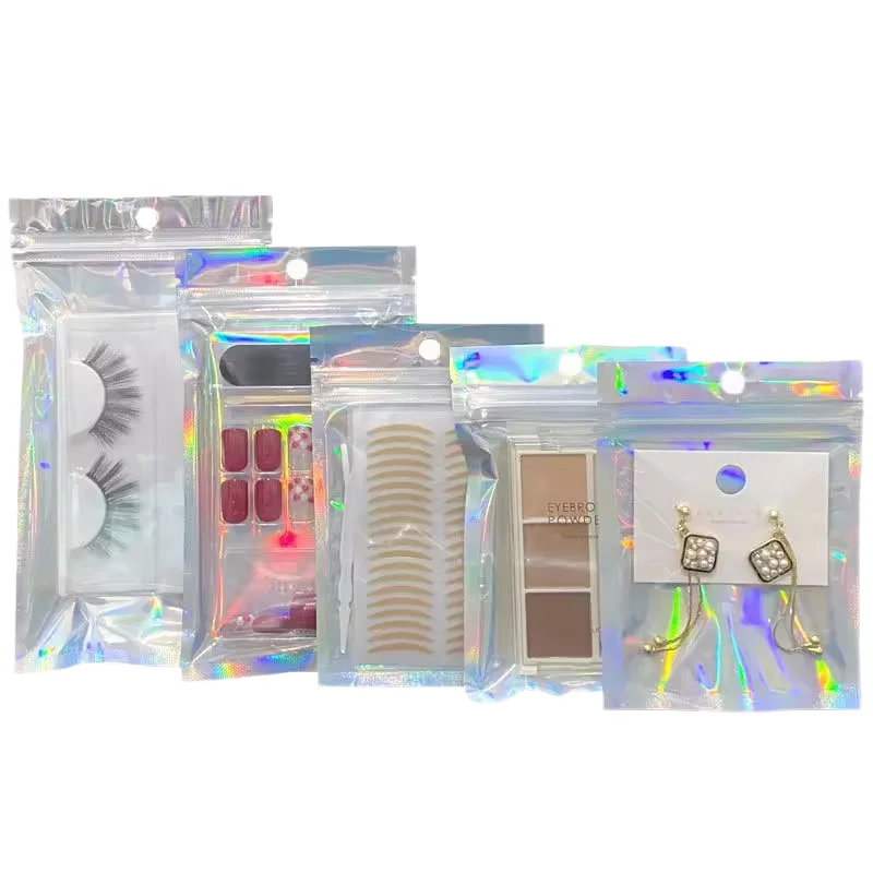 One Side Clear Small Mini Rainbow Iridescent Mylar Packaging Ziplock Pouch Bags custom logo pvc plastic shopping bag holographic