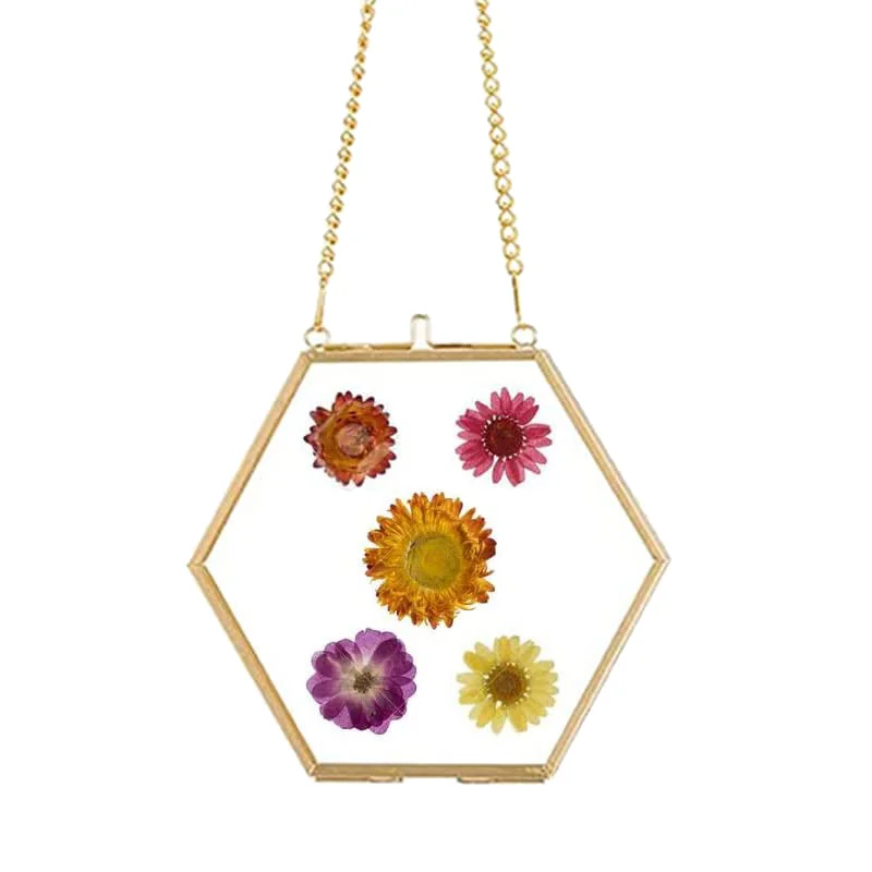 Glass crafts for DIY Pressed Flowers Art Brass Hanging Photo Picture Frame with Chain