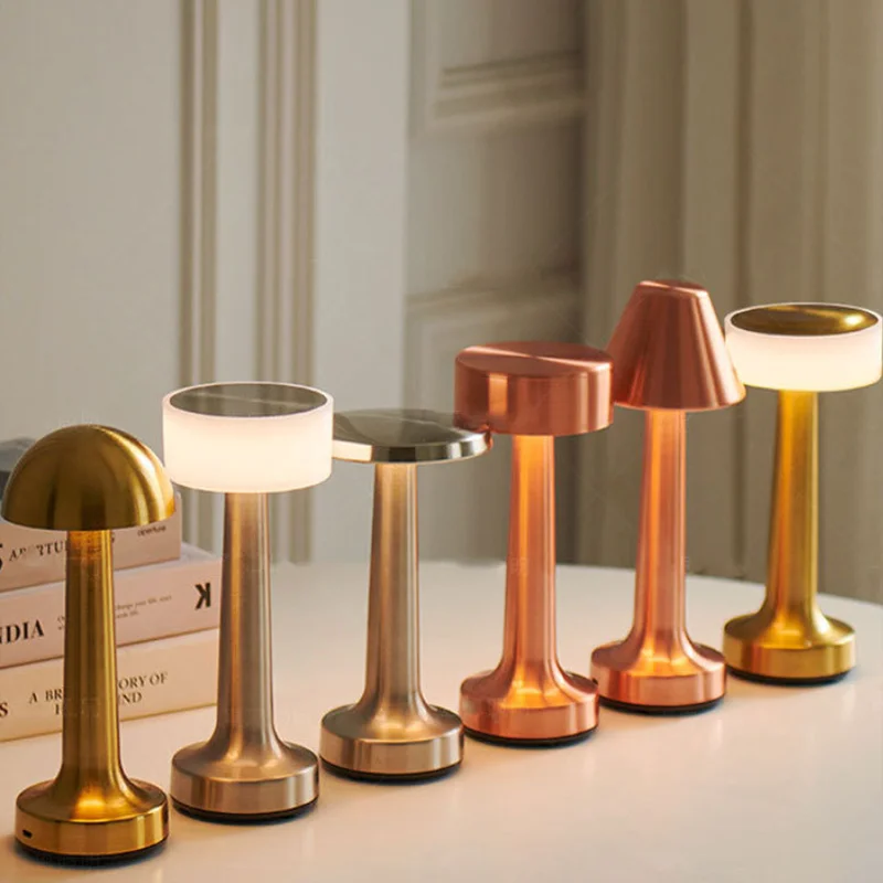 Nordic Vintage Mini Table Lamp Gold Bar Mushroom Metal Design Cordless Rechargeable Dumbbell Portable Mini Touch Table Light