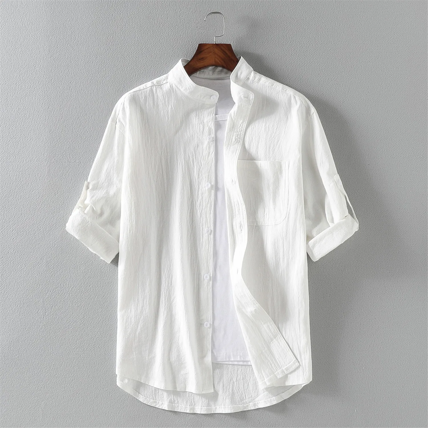 2023 Summer Korean Style New Short Sleeve Stand Neck Solid High Quality Male Vintage Shirt