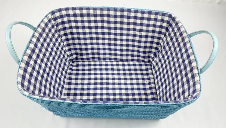 Home sundries storage cheap blue color neatening sewing pp straw basket with PU handles