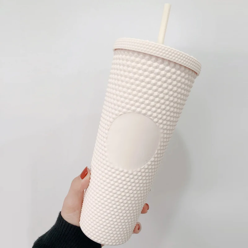 2021 New 24oz American Matte Black Plastic Studded Cups White Studded Tumbler With Straw And Lid