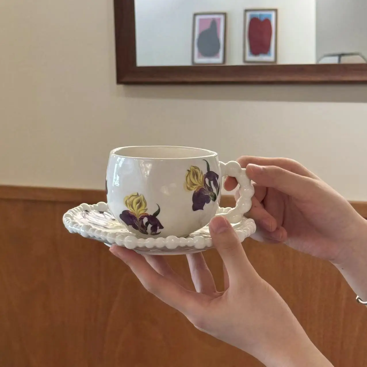 Lelyi French retro cute flower ceramic coffee cup and saucer creative afternoon tea pearl cup cake plate sets