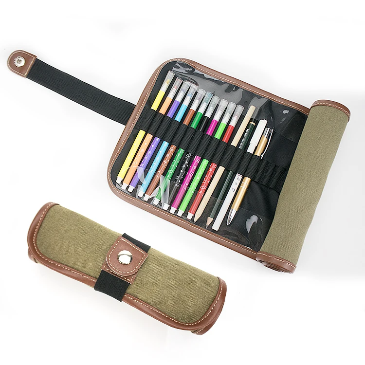 Large Capacity Waterproof Pen Bag Student stationery Pouch Waxed  Roll up Canvas Pencil Case
