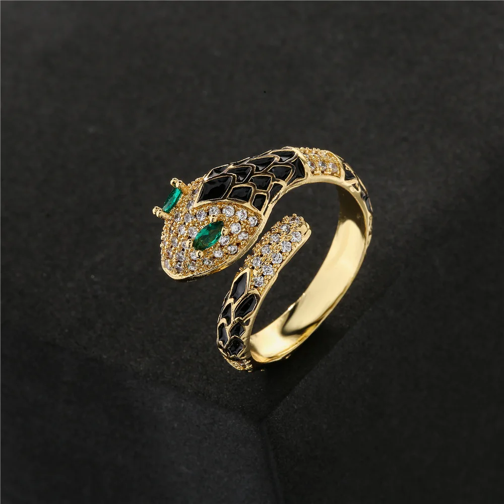 Hot Style Adjustable Brass Micro Pave Cubic Zirconia Enamel Snake Ring For Women