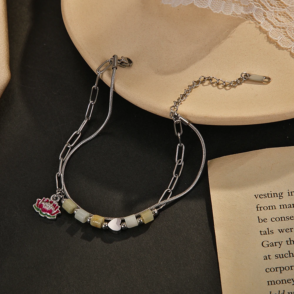 Fashion Stainless Steel Lotus Pendant Bracelet Charm Girl Multi Layer Natural Stone Heart Friends Bracelet For Women