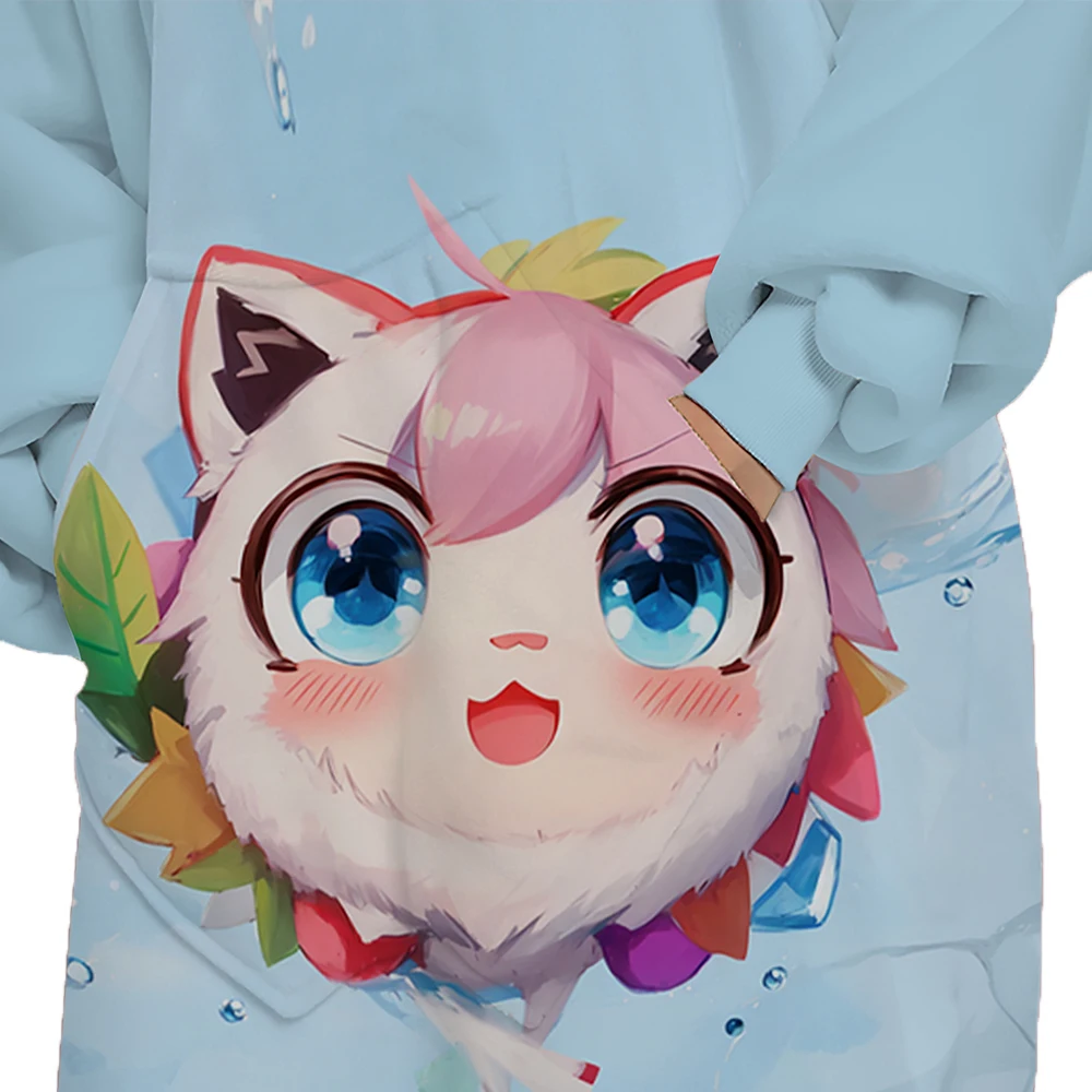 Customized Anime Printed Lovely Pink Elf 230gsm Thick Warm Flannel Fleece Hoodie Blanket with Patent Pockets and Sleeve