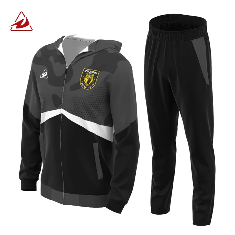 Custom Design High Quality 210G/280G Winter Football Wear Team Jacket 2 Piece Men Hooded Soccer Jacket Training Tracksuit Set