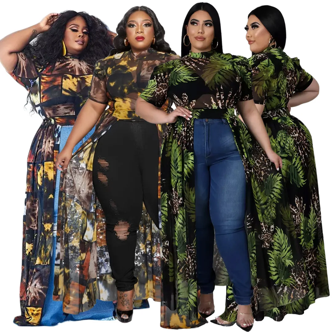 2022 Spring Summer Fashion Plus Size Dress for Women High-lo Short Sleeves Floral Printing Club Party Maxi Dresses Holidays
