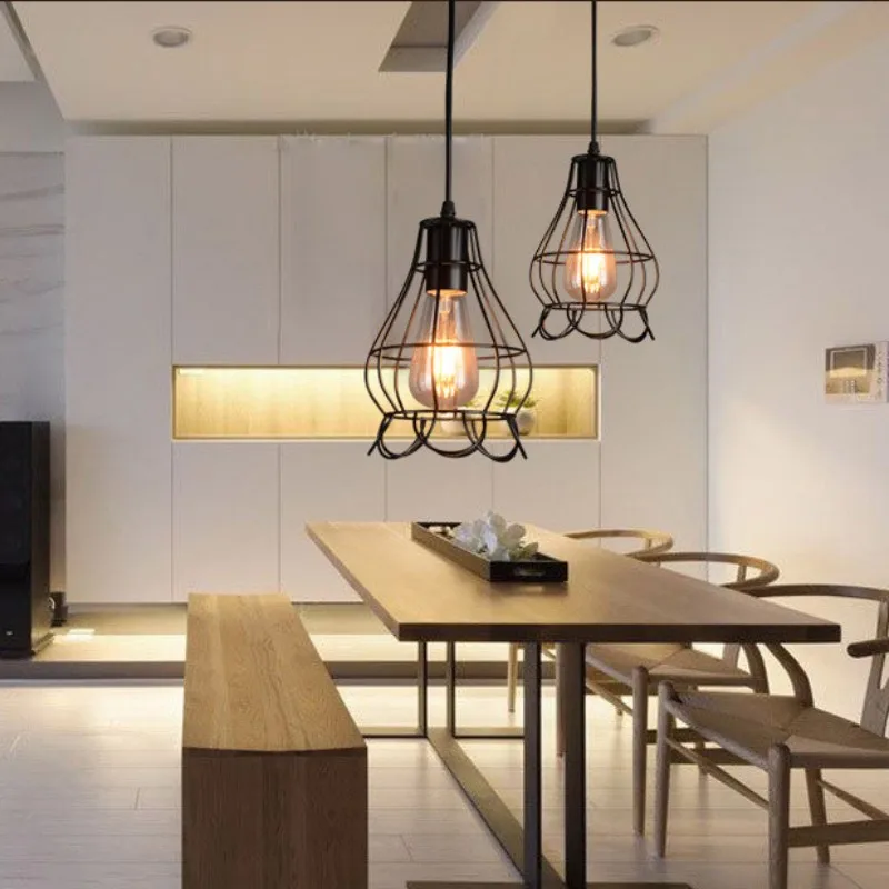 Retro Industrial Pendant Light Nordic Black Metal Cage Lighting Fixtures Iron Loft Cage Kitchen Vintage Adjustable Hanging Lamps