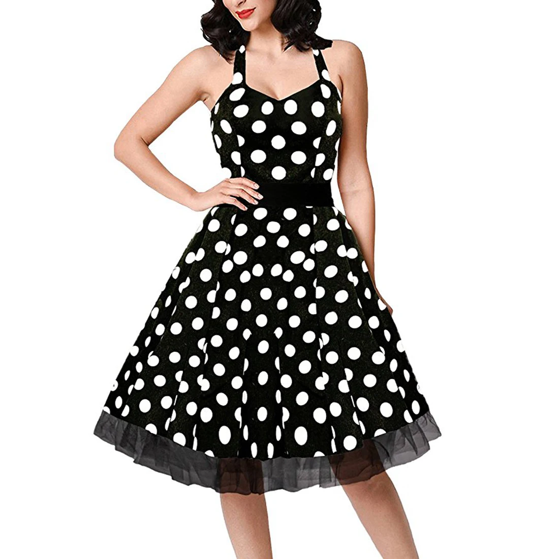 Women Summer Polka Dot Print Party Robe Femme Black Retro Vintage Swing Prom Rockabilly Midi Dresses