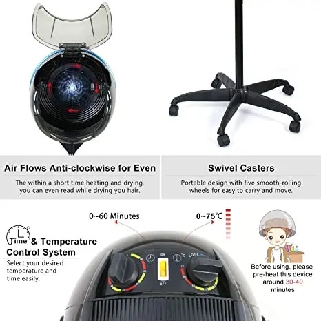 Professional Adjustable Hooded Floor Hair Bonnet Dryer Stand Up Rolling Base with Wheels Salon Equipment