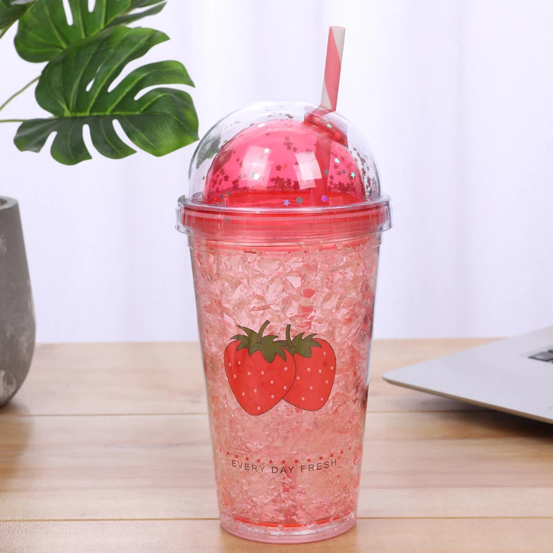 cute plastic Water Bottle double wall Ice Mugs straw tumbler travel coffee cups