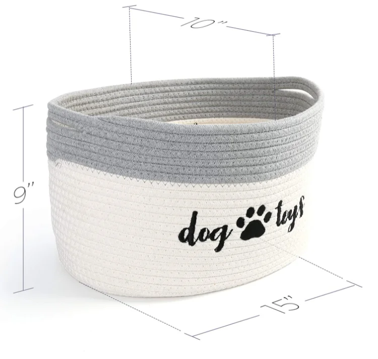 Woven Storage Bin for Dogs Pets 15x10x9 inch Pet Basket Container Holder for Toys White and Grey Cotton Rope Dog Toy Basket