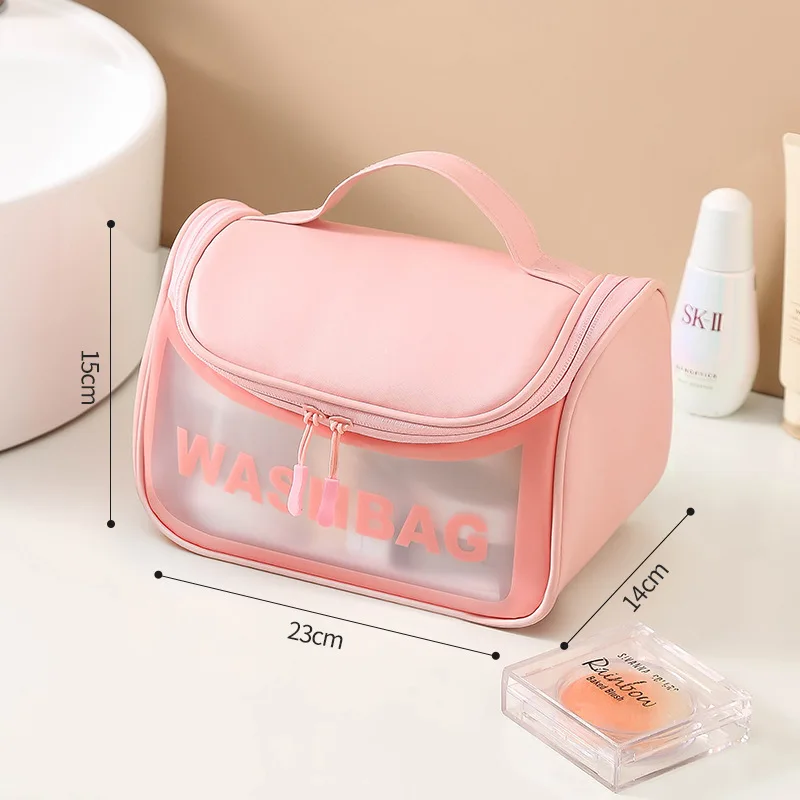 Large Capacity Portable Cosmetic Bag Simple Hanging Travel Storage Skin Care Products PVC Leather Polyester Fabric Bathroom Use